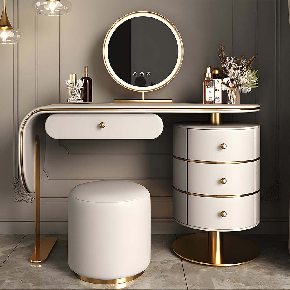 47.2'' Modern Luxury Vanity Desk with Round Mirror Cream Finish Makeup Table with Storage Drawers and Gold Base with Stool