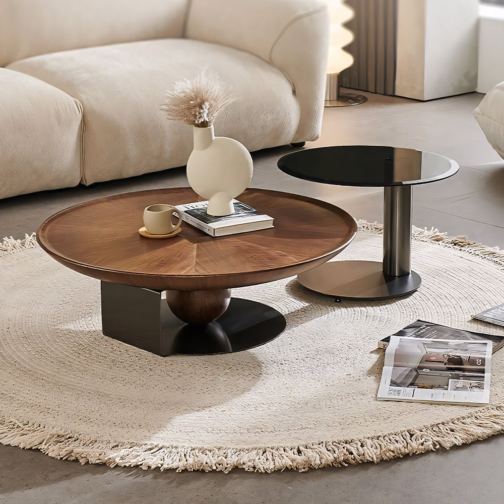 Modern Round Coffee Table with Glass Side Table Walnut Finish Center Table with Sculptural Base