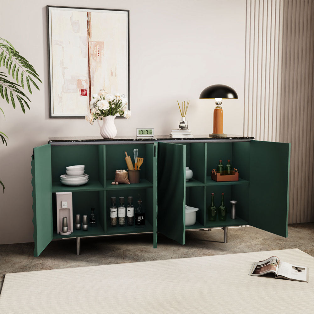 62.4" Modern Ripple Design Green Sideboard with Black Stone Top