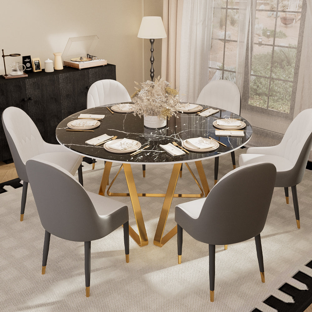 Round Marble Dining Table Modern Gold Metal Base with Lazy Susan
