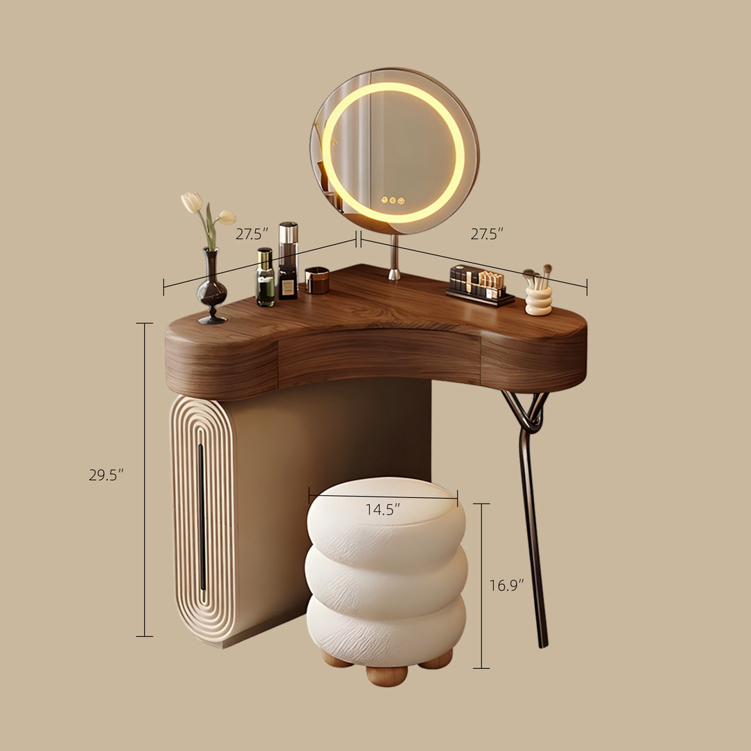 Modern Corner Vanity Desk with Mirror Walnut Finish Makeup Table with Storage Drawers with Stool