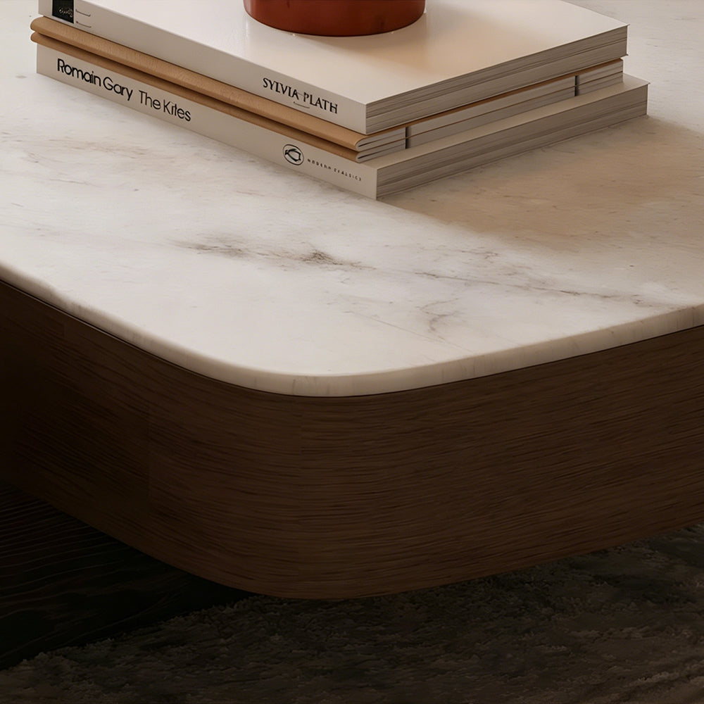 Modern Sculptural Coffee Table Walnut Wood Grain Marble Top Irregular Center Table