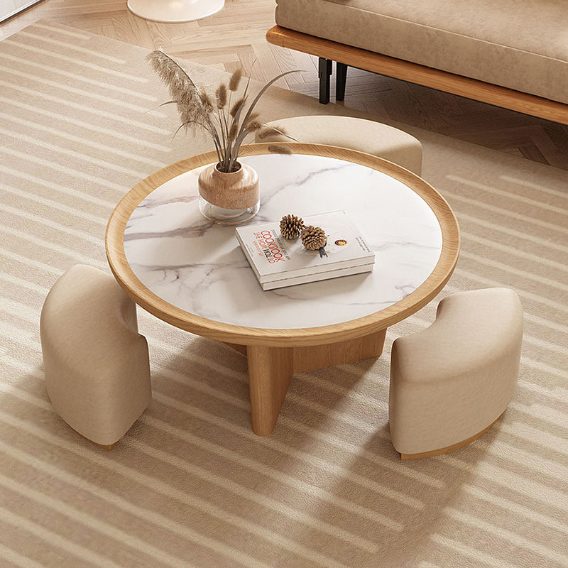 31.2" Modern Coffee Table Marble Look Top Oak Wood Base 3 Ottomans