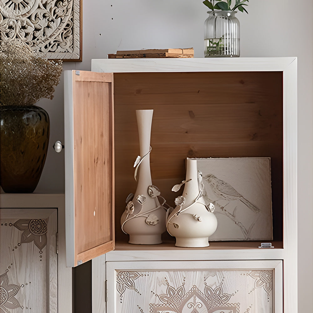 61'' Boho Mandala Carved Sideboard Cabinet White Washed Wooden Buffet Storage with Metal Base Decorative Accent Console