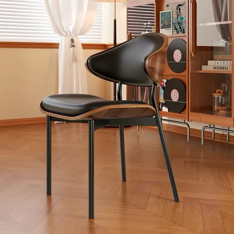 2PCS Mid Century Dining Chair Curved Back Leather Seat Wood Edge Metal Legs