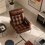 Load image into Gallery viewer, Mid-Century Brown Faux Leather Tufted Lounge Chair with Chrome Frame
