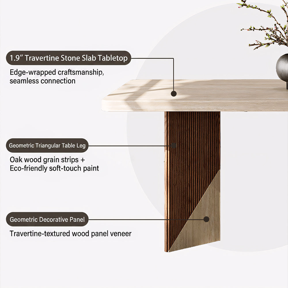 Rectangular Dining Table with Travertine-Look Sintered Stone Top and Fluted Oak Base