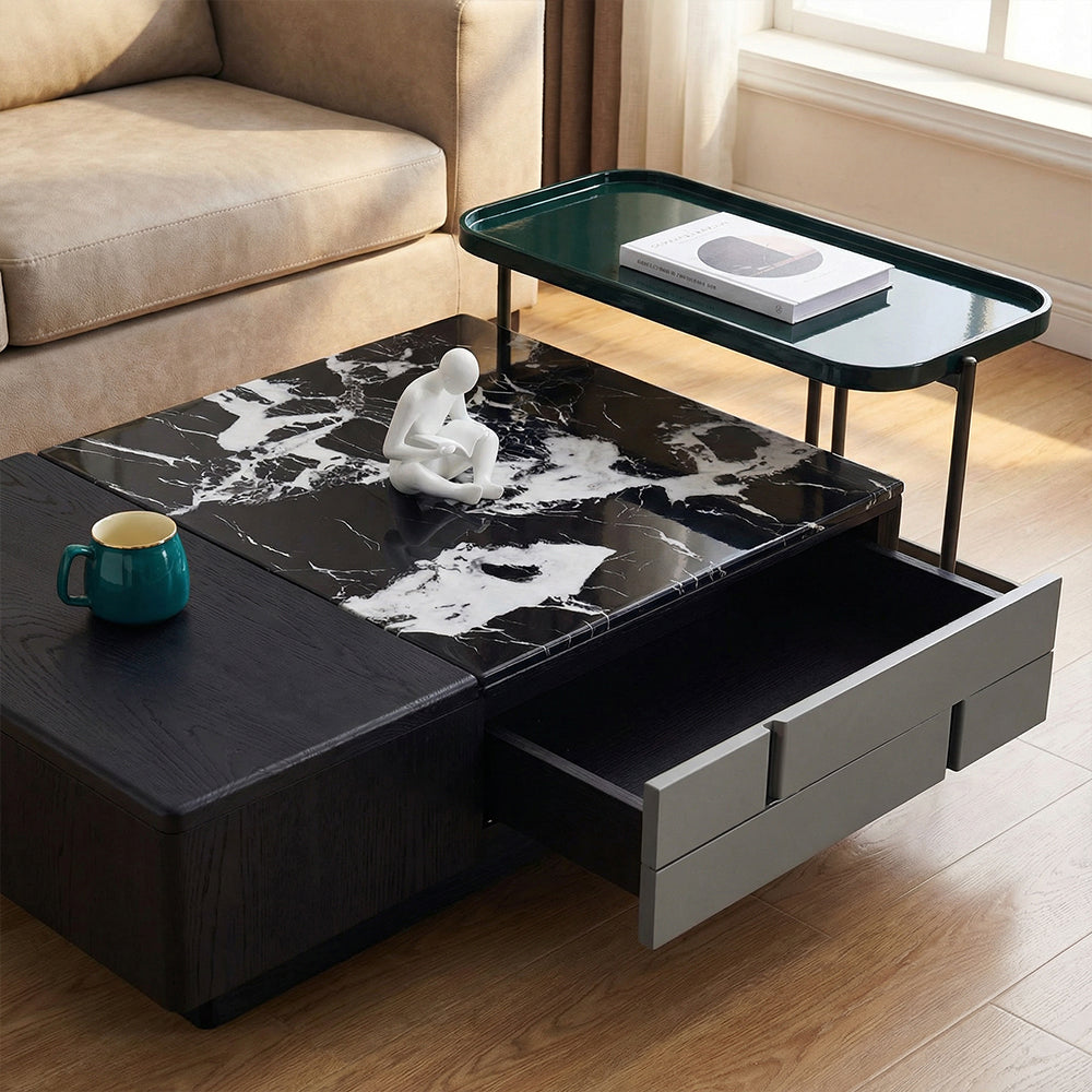 Modern Multifunctional Coffee Table with Lift Top Storage Black Marble Pattern Center Table with Hidden Compartments for Living Room