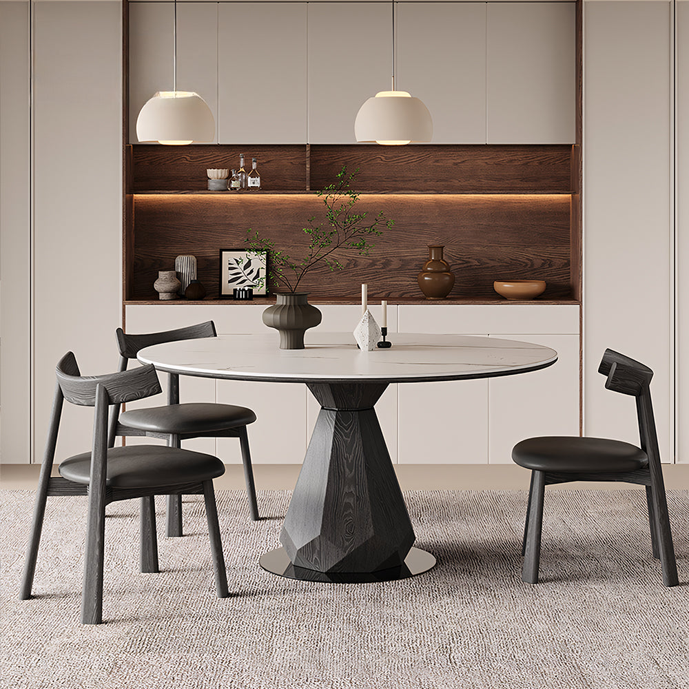 53.1" Creative Round Dining Table Black Wooden Base with Marble Effect Top