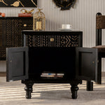 Load image into Gallery viewer, Modern Black Nightstand Wood Bedside Table Carved Door Storage Cabinet with Gold Handles

