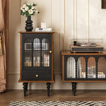 Load image into Gallery viewer, 17&#39;&#39;Vintage Glass Door Cabinet with Arched Panels | Black and Walnut Finish + Turned Legs + Enclosed Storage
