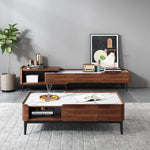 Load image into Gallery viewer, 50&#39;&#39;Modern Rectangular Coffee Table with Drawers | White Marble Top + Walnut Finish + Hidden Storage
