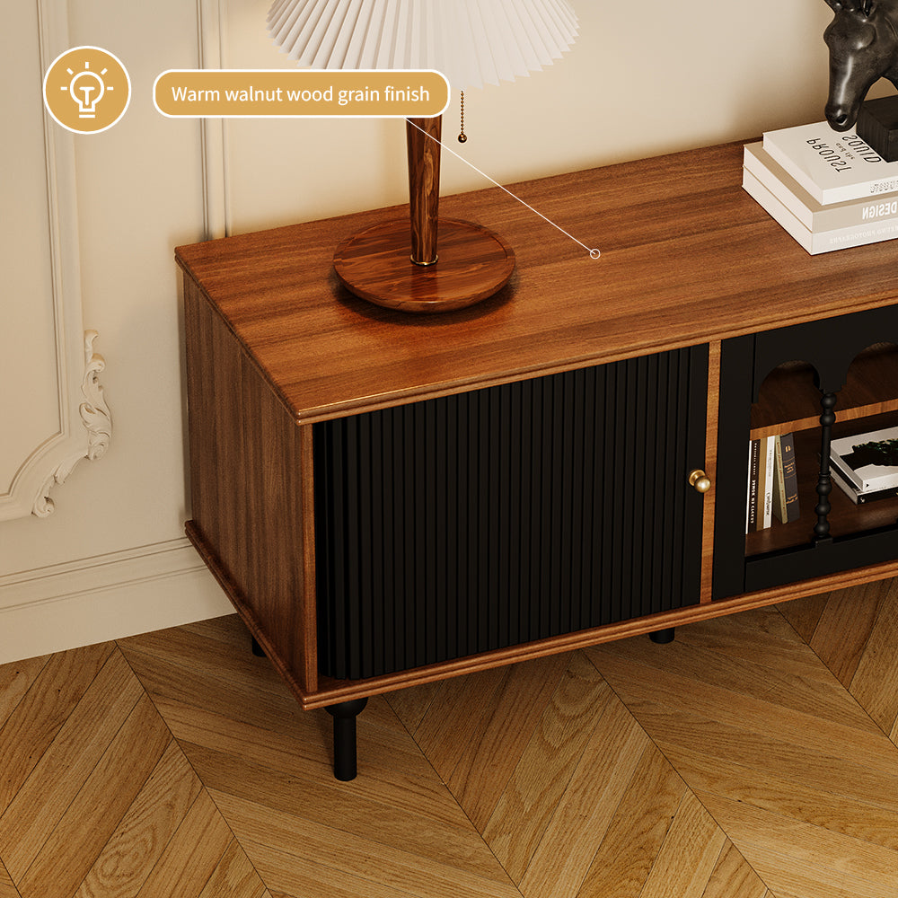 78.7'' Retro Metal TV Cabinet Arched Grille Doors Walnut Finish Elevated Base