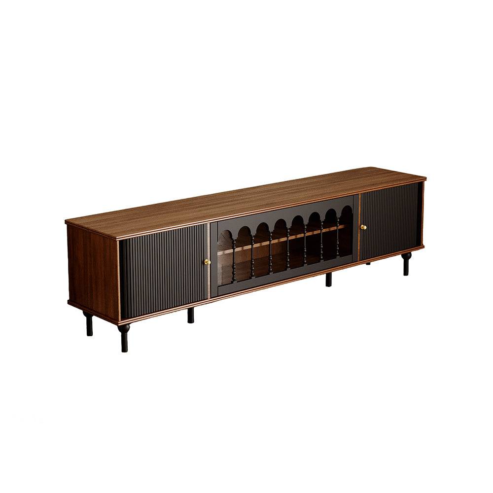 78.7'' Retro Metal TV Cabinet Arched Grille Doors Walnut Finish Elevated Base