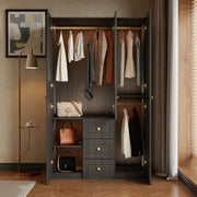 Luxury 3-Door Black Wardrobe with Ribbed Glass Panel Multi-Section Storage with Drawers and Hanging Space
