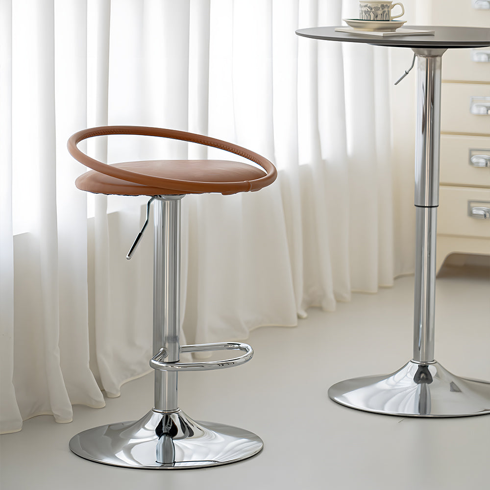 Modern Swivel Adjustable Bar Stool Set of 2 Brown Upholstered Seats Stainless Steel Base