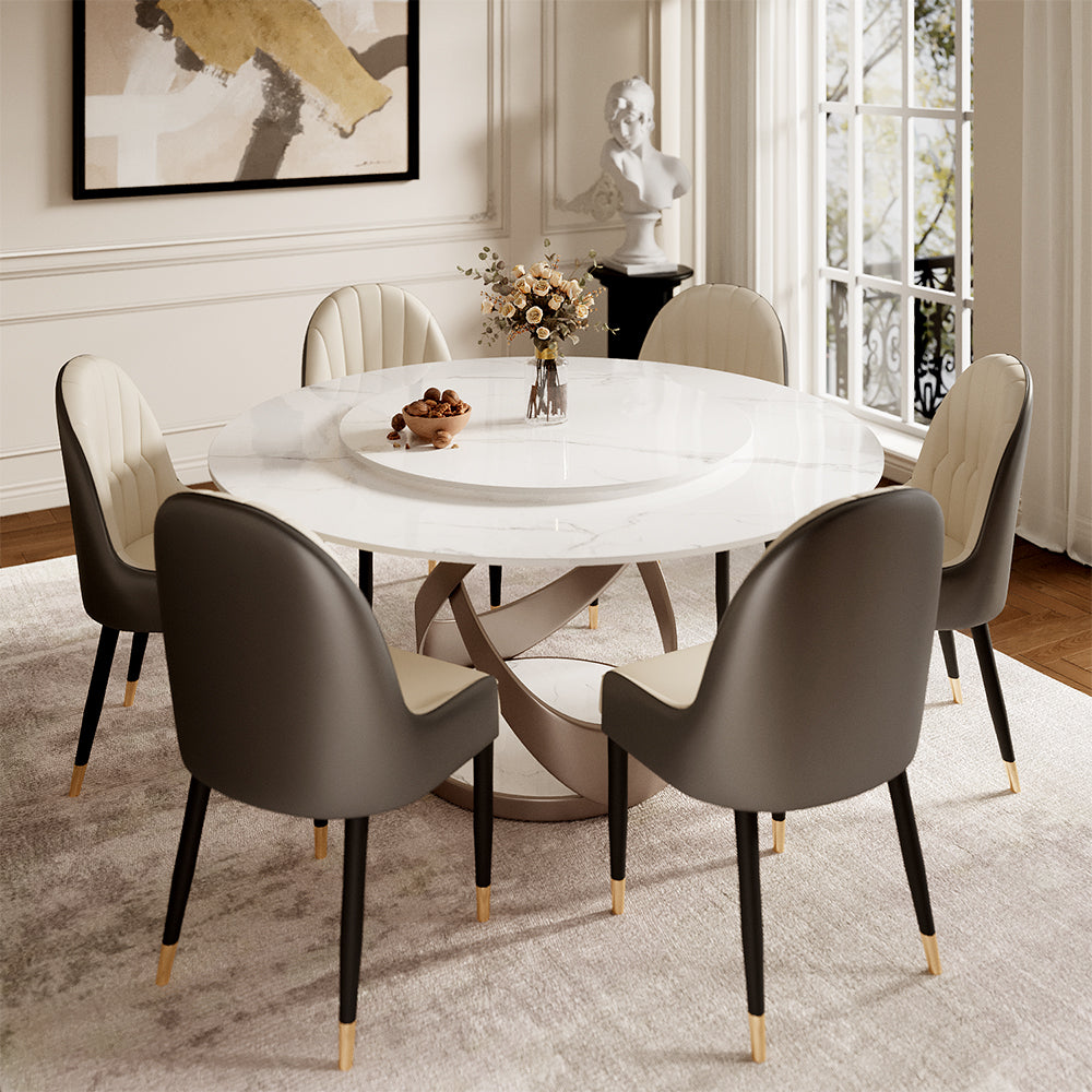 Round Dining Table Lazy Susan Marble Effect Gold X Metal Base Perfect for 4-6 People
