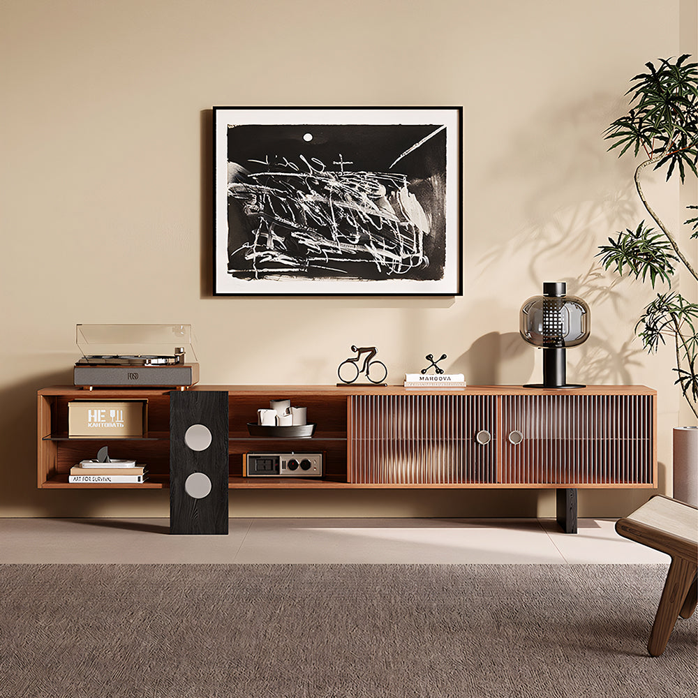 70.2‘’Mid-Century Modern TV Stand with Record Player Shelf - Wood Storage  Easy Organization