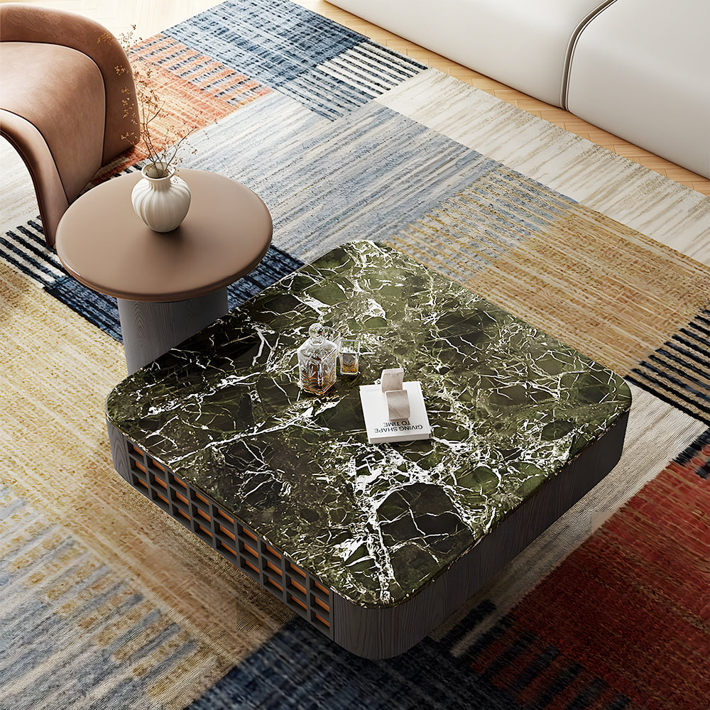 Modern Square Marble Top Coffee Table Green Stone Surface Wood Base Design