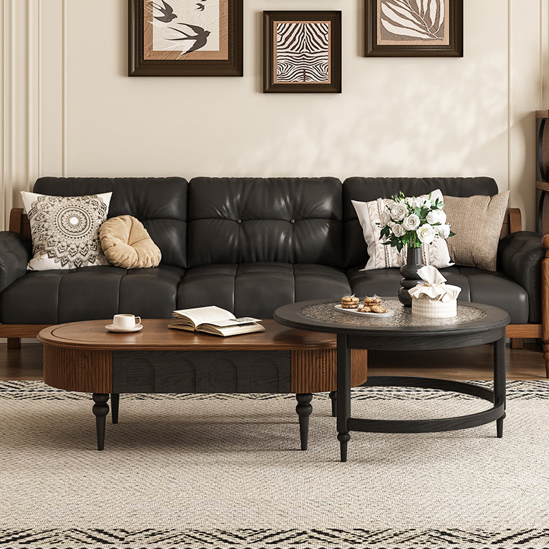 46.8" Nesting Coffee Table Set Water Ripple Glass Dual Side Drawer Walnut Vintage Style