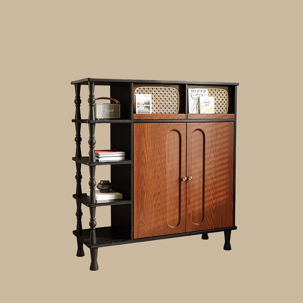 Modern Wooden Shoe Cabinet Entryway Storage with Woven Accent Doors & Open Side Shelves Multifunction Hallway Organizer