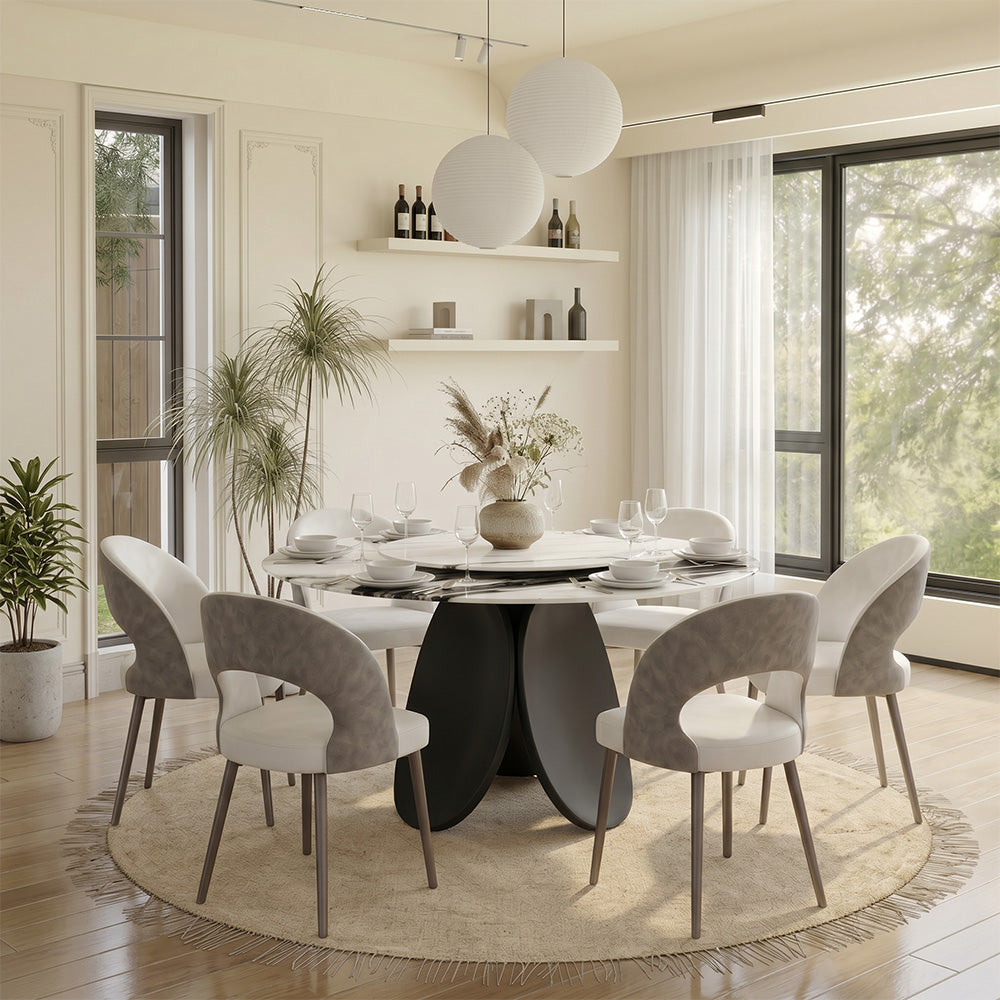 Modern Round Dining Table with Rotating Lazy Susan and Black Pedestal Base