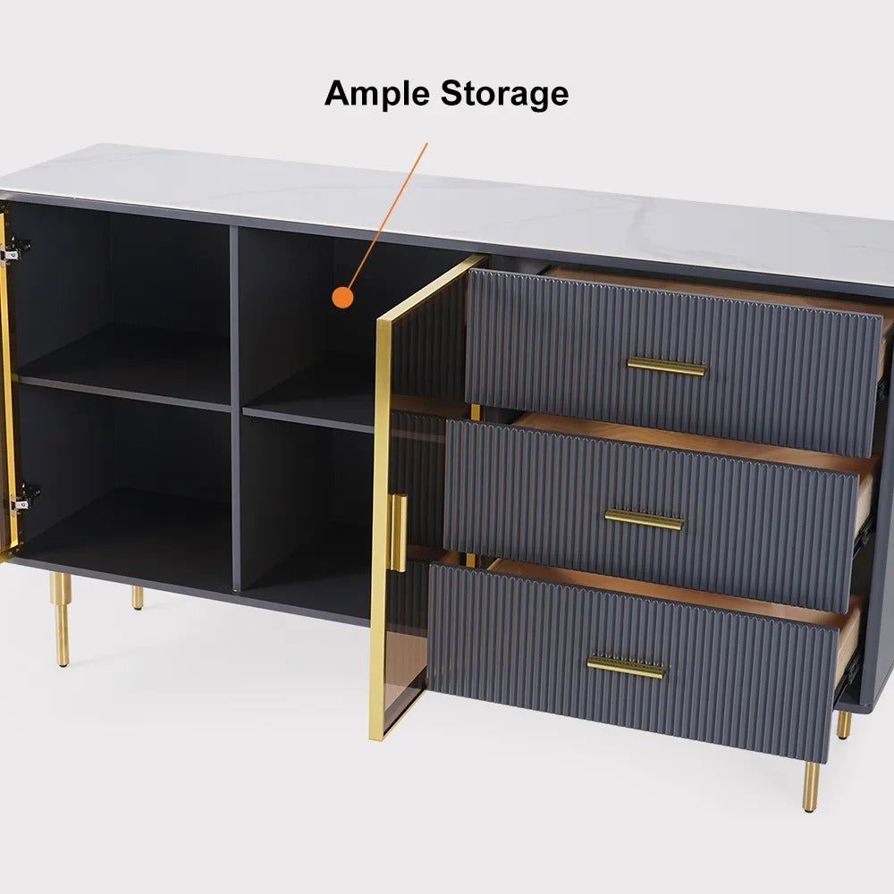 Modern Sideboard Cabinet Marble Top Glass Doors Gold Frame Storage with Drawers