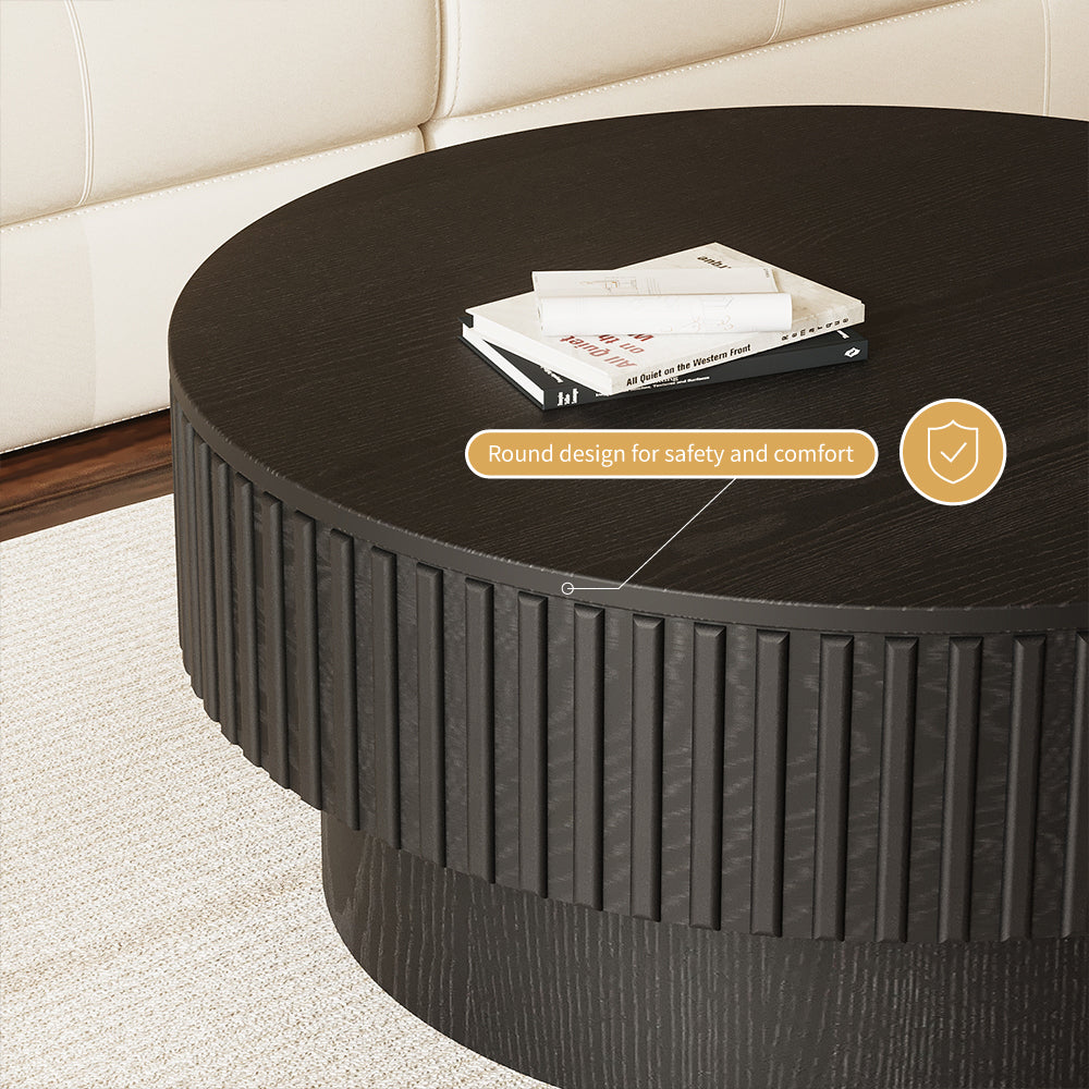 31.2'' Black Round Coffee Table Textured Design Modern Minimalist Style