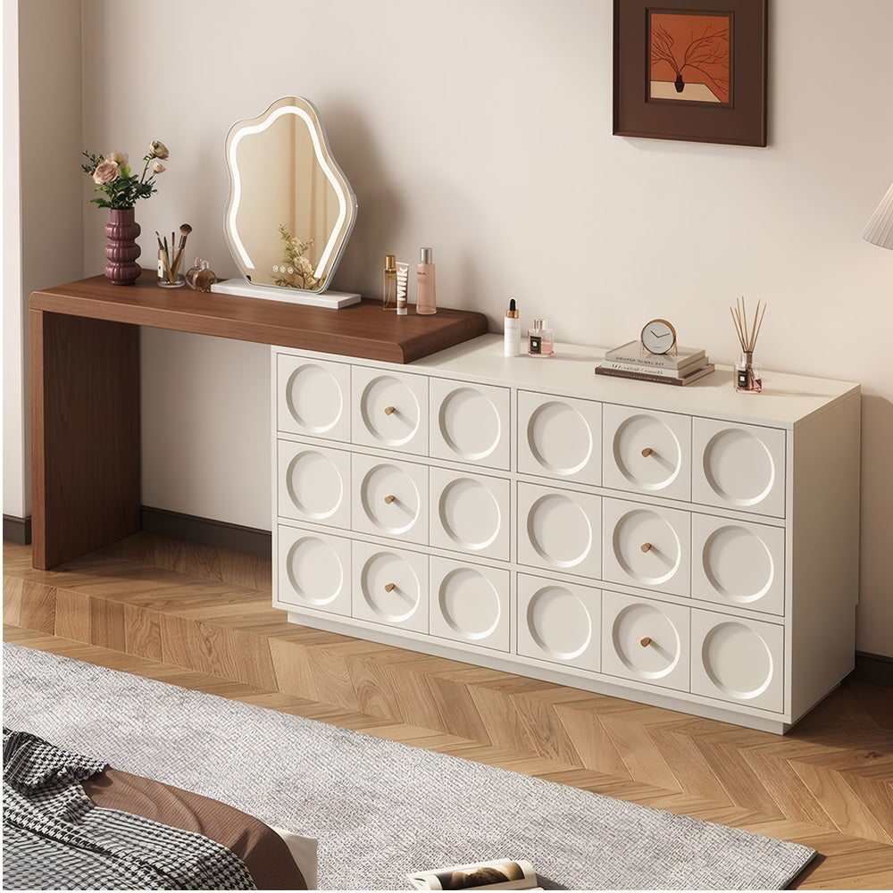Modern 6-Drawer Dresser with Sculpted Front Panels & Walnut Vanity Top Minimalist Makeup Vanity Storage Cabinet