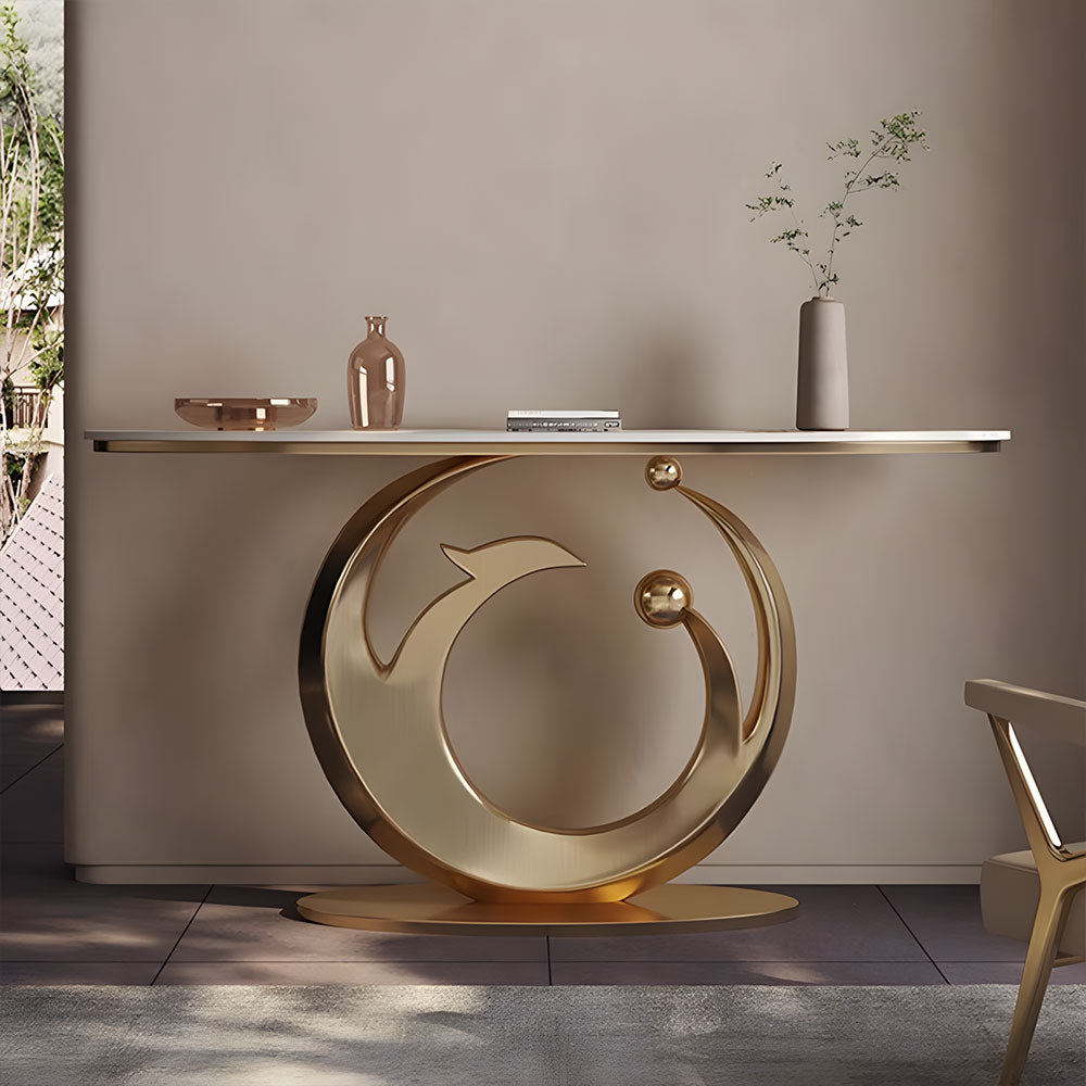 Gold Bird Feather Base Marble Console Table