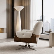 Cream Tufted Fabric Swivel Lounge Chair with Walnut Frame