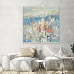 Load image into Gallery viewer, Handmade Abstract Canvas Wall Art – Urban Landscape Painting with Blue and Gold Tones
