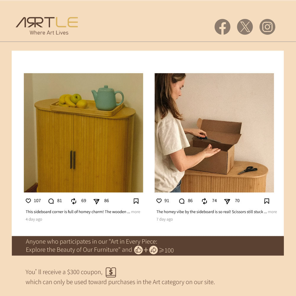 31.2" Storage Cabinet Curved Fluted Doors with Open Shelves and Metal Legs