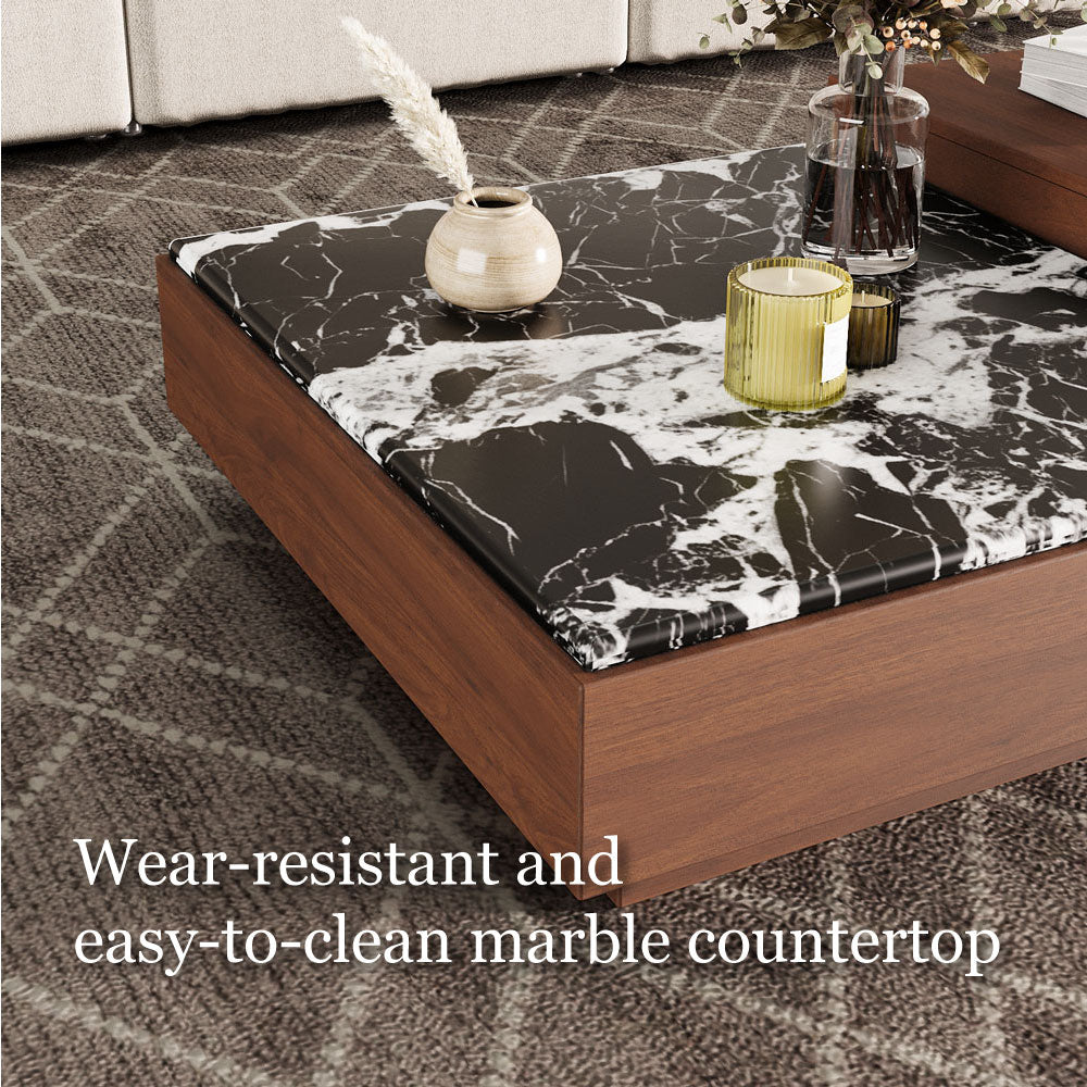 55'' Modern Square Marble and Wood Coffee Table Elegant Design