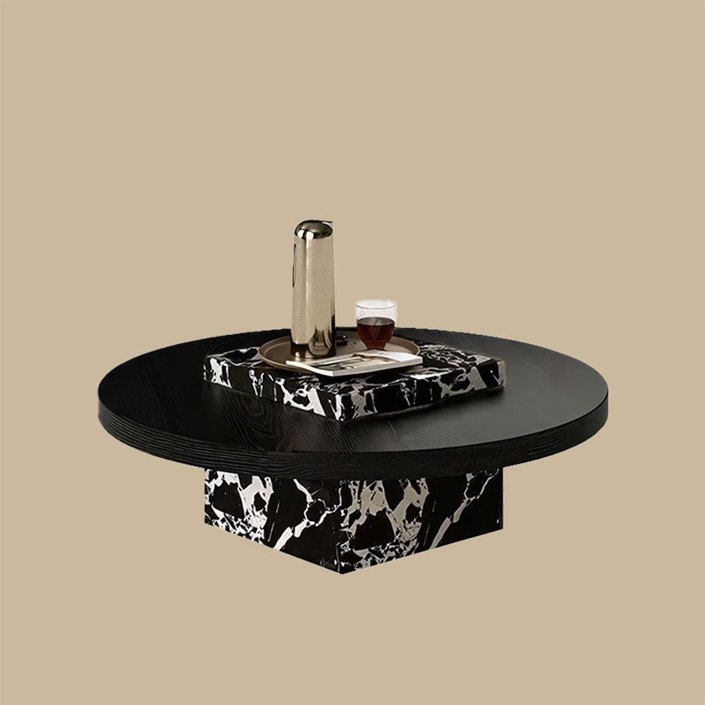 Black Round Coffee Table with Marble-Pattern Pedestal Base for Contemporary Living Rooms