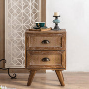 Vintage Distressed Wood Nightstand with Rattan Drawer Front Mid Century Bedside Table with Tapered Legs