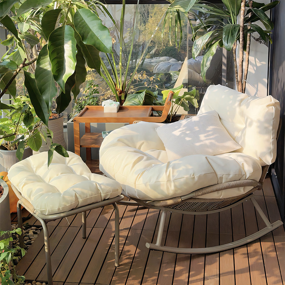 Modern Outdoor Rocking Lounge Chair with Cushioned Seat and Woven Base