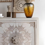 Load image into Gallery viewer, 61'' Boho Mandala Carved Sideboard Cabinet White Washed Wooden Buffet Storage with Metal Base Decorative Accent Console
