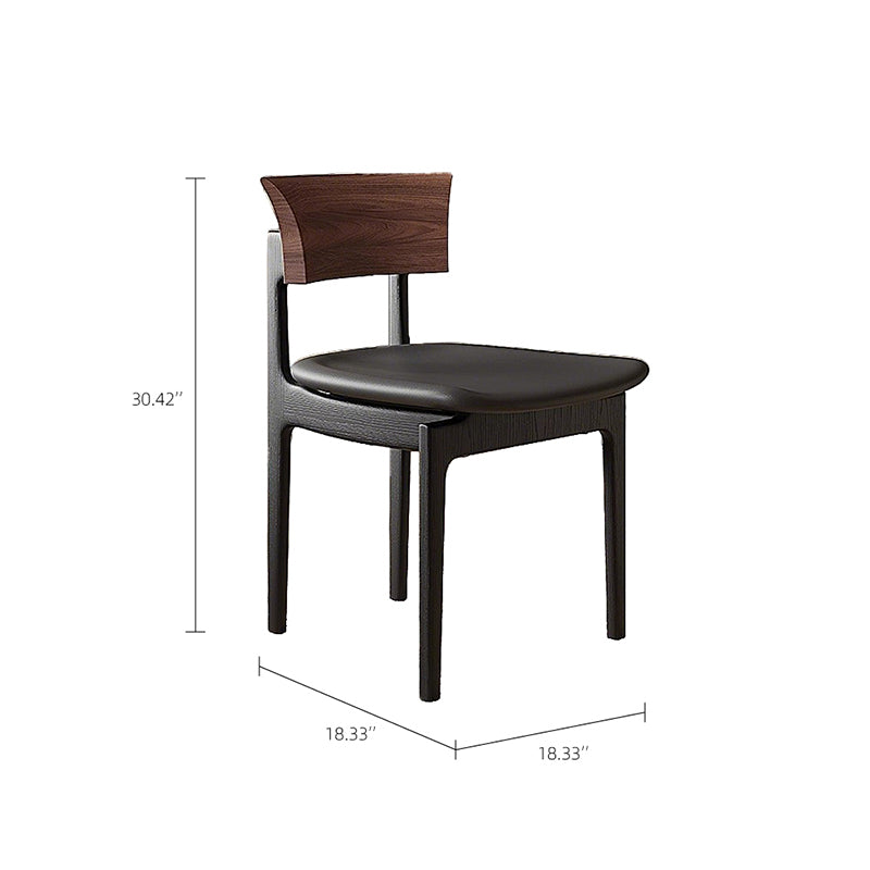 18''Mid Century Dining Chair Walnut Backrest Black Wood Frame Leather Seat