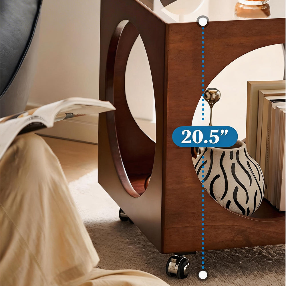 Modern Rattan Nightstand Rolling Side Table Solid Wood Mobile Bedside Cabinet with Storage