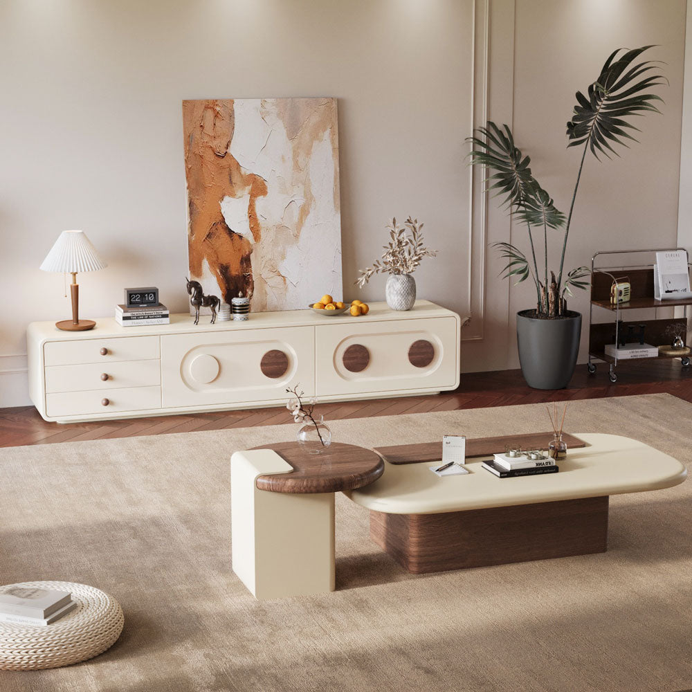Modern Minimalist Living Room Furniture Set Cream TV Stand and Oval Coffee Table Combination