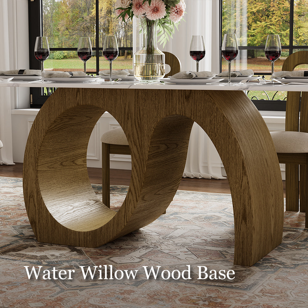 Modern Sculptural Dining Table with Marble-Effect Top & Artistic Wooden Base