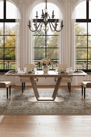 Extendable dining table set for formal dining in a bright, elegant dining room