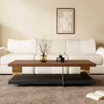 Load image into Gallery viewer, 35.1″ Square Coffee Table with Dual-Tone Wood and Stone Base Modern Minimalist Design with Gold Metal Accents
