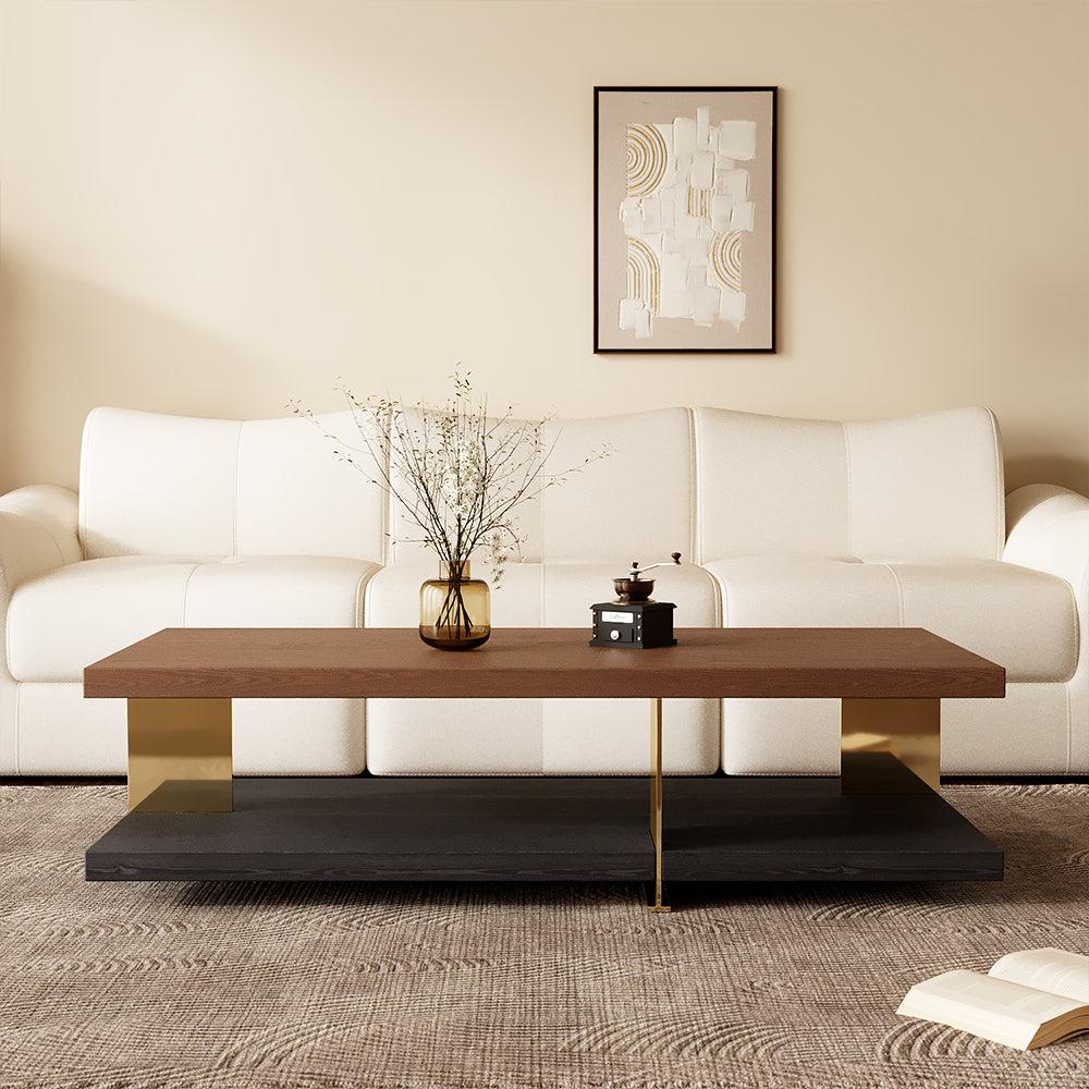 35.1″ Square Coffee Table with Dual-Tone Wood and Stone Base Modern Minimalist Design with Gold Metal Accents