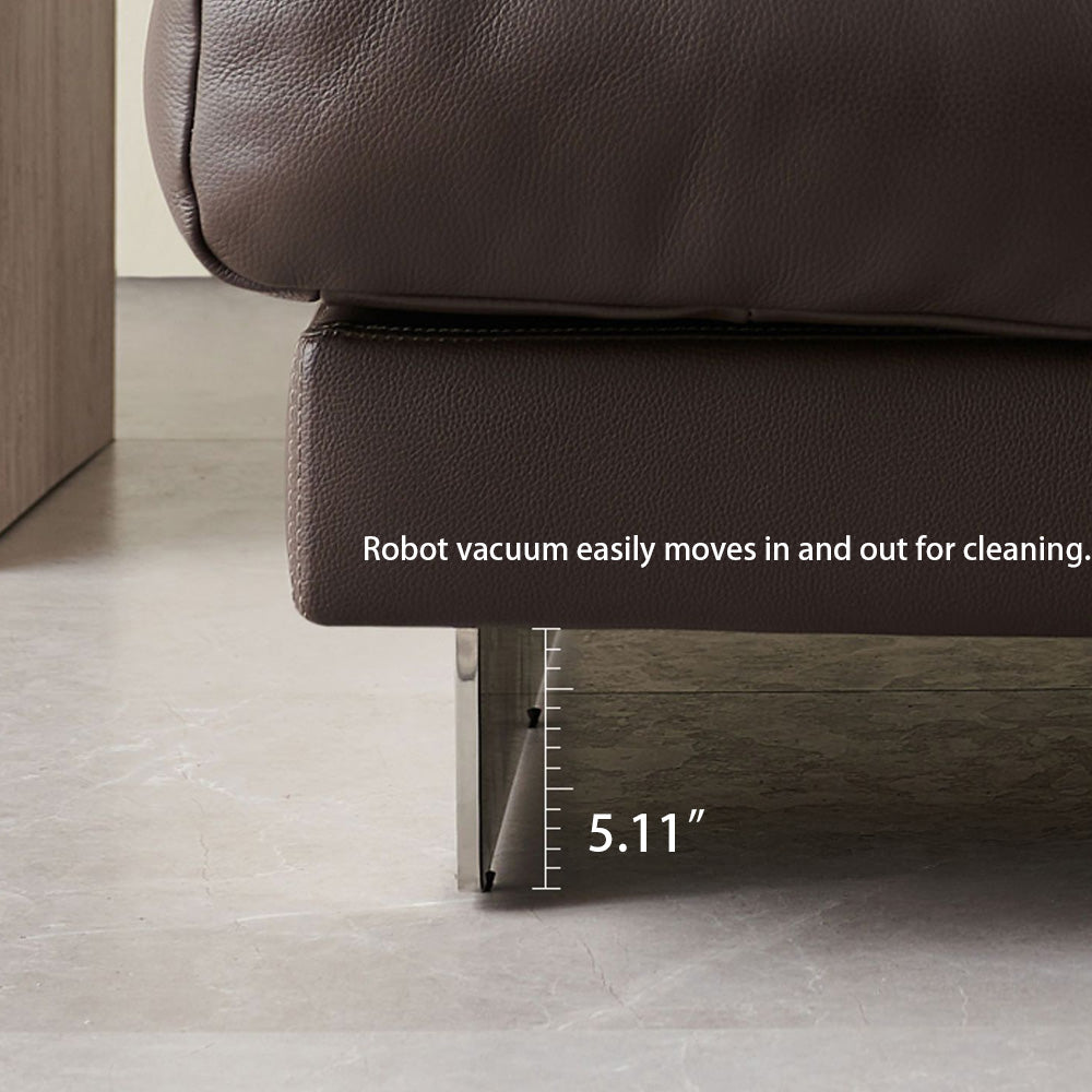 Modern Low-Profile Leather Sofa Deep Brown Upholstery with Wide Armrests & Metal Legs