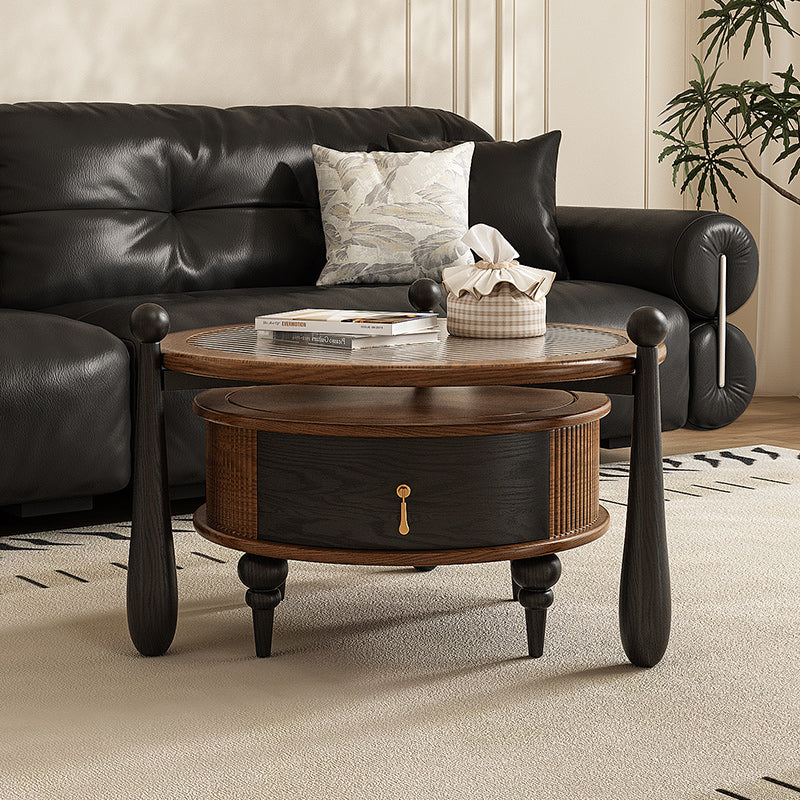 33.54" Round Nesting Coffee Table Set Water Ripple Glass Walnut Vintage Style Artistic Legs