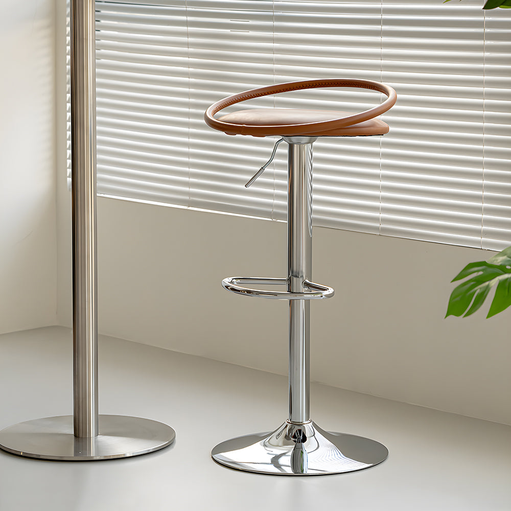 Modern Swivel Adjustable Bar Stool Set of 2 Brown Upholstered Seats Stainless Steel Base