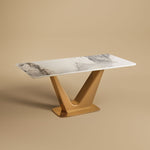 Load image into Gallery viewer, Square Dining Table with Gold V-shaped Base and Exquisite Marble-Look Surface for 4-6 People
