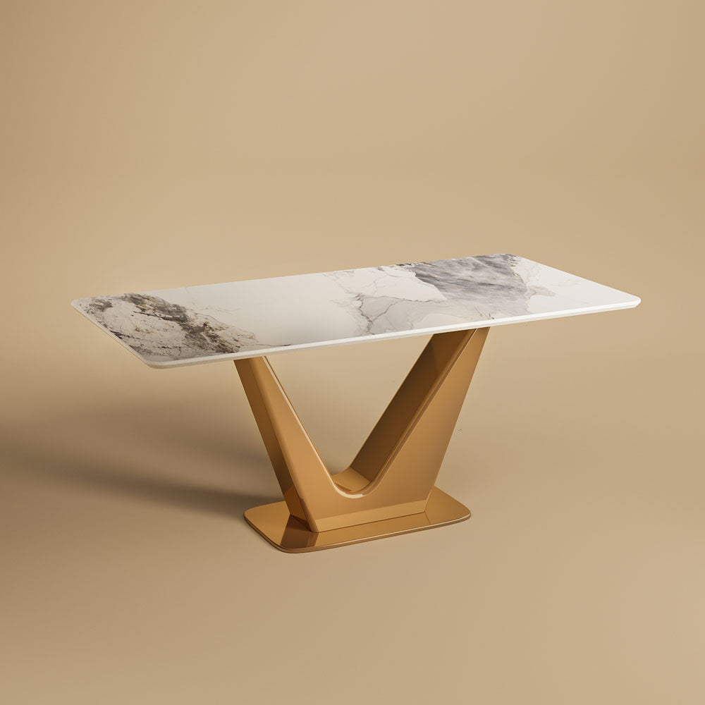 Square Dining Table with Gold V-shaped Base and Exquisite Marble-Look Surface for 4-6 People